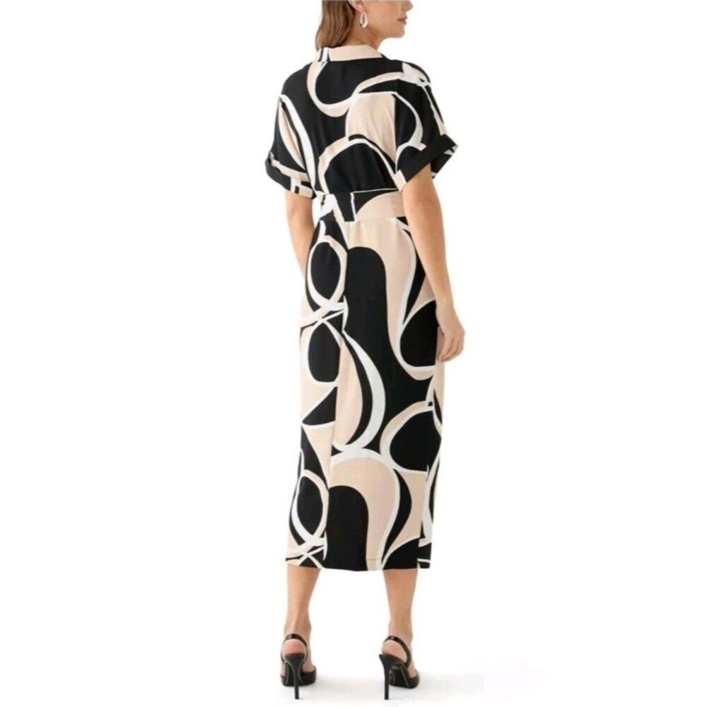 DKNY Abstract Geo Print Midi Shirt Dress Neutral Earthy Mod Retro Chic Size 12 - Picture 4 of 12